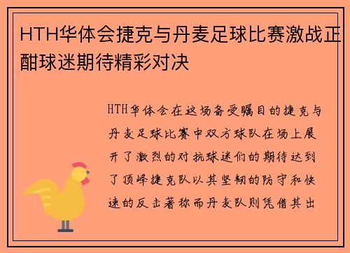 HTH华体会捷克与丹麦足球比赛激战正酣球迷期待精彩对决